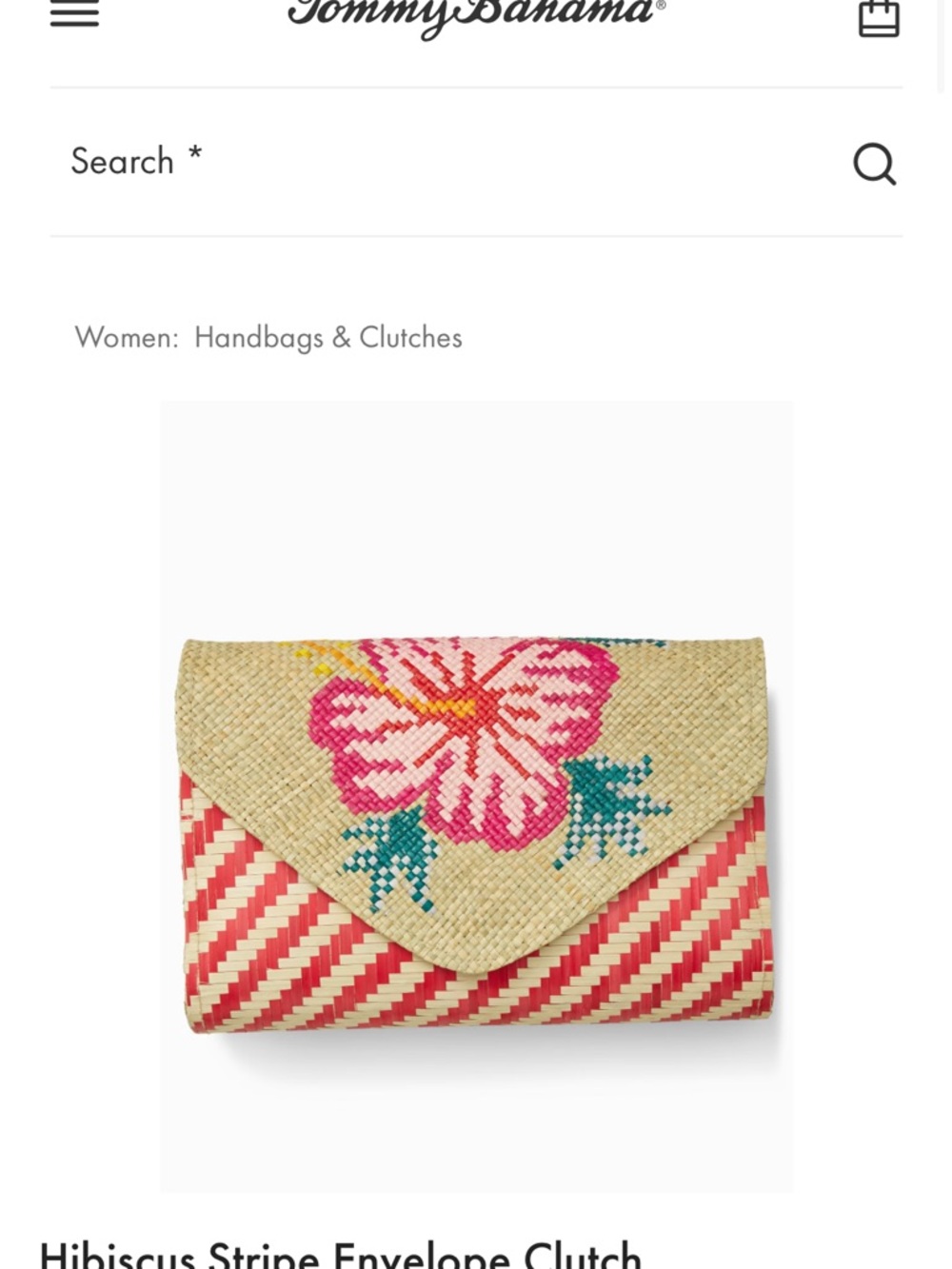 Tommy Bahama Straw Envelope Clutch with Pink Hibiscus and Coral Stripes